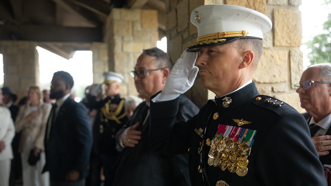 U.S. Marine Corps Lt. Gen. Leonard F. Anderson IV, commander of Marine Forces Reserve and Marine Forces South, renders honors to the flag as it is folded at the funeral of retired Lt. Gen. Richard E. Carey at Dallas-Fort Worth National Cemetery in Dallas, Texas, May 5, 2025. 



Carey served 38 years in the Marine Corps, serving in both the Korean and Vietnam War. Near the end of his service, Carey led the efforts of Operation Frequent Wind, the final phase in evacuation of American Forces from Saigon City, Vietnam, marking the end of U.S. involvement in the Vietnam War. After his service, Carey continued to help serve his community in different ways, such as participating in the creation of a national monument honoring those who served in the Battle of the Chosin Reservoir and assisting in the construction of the Dallas-Fort Worth National Cemetery. (U.S. Marine Corps photo by Cpl. Isaiah W. Smith)