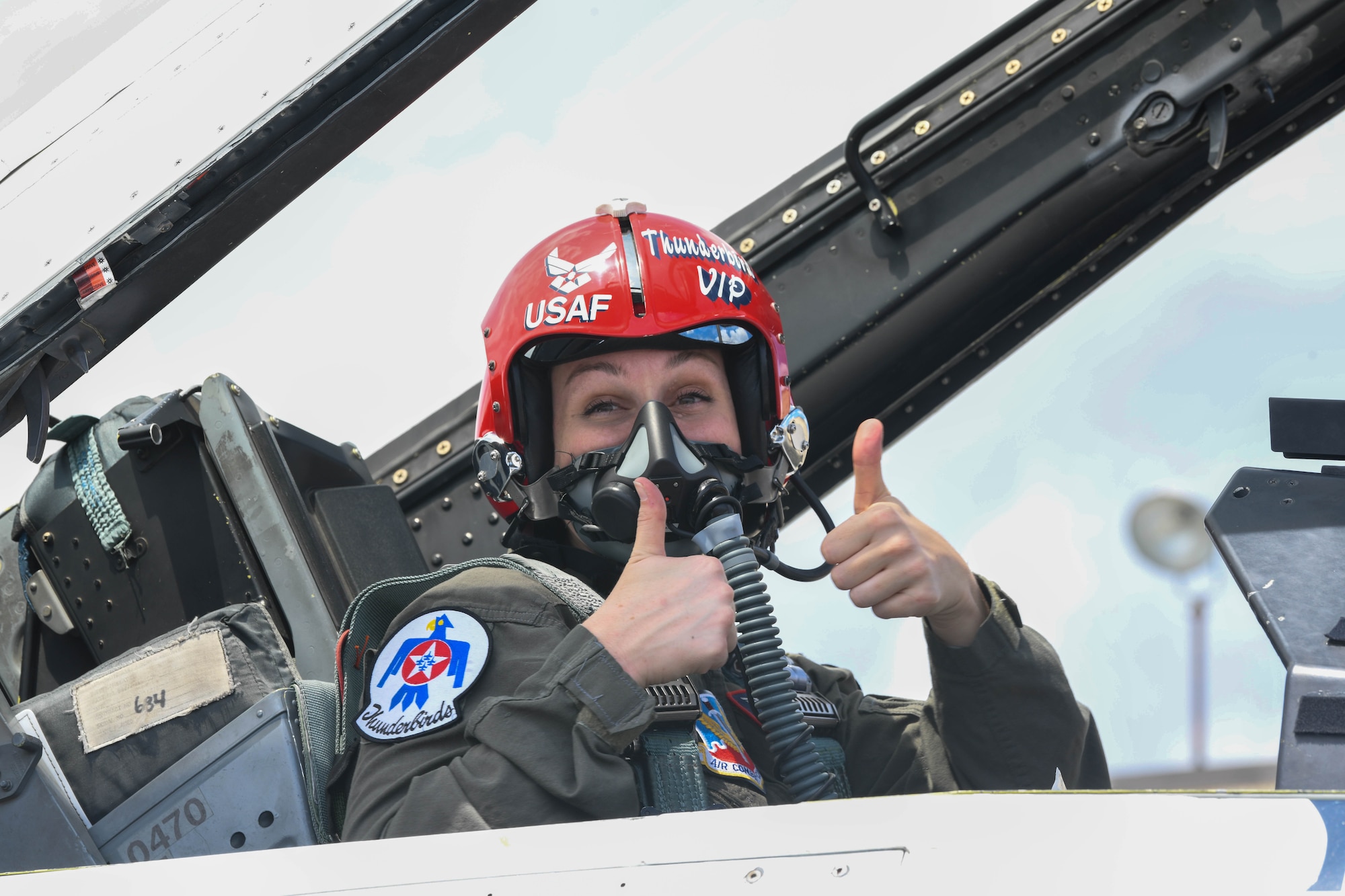 Hometown Hero participant dawns flight equipment in the cockpit of a F-16 Fighting Falcon, during an incentive flight at Seymour Johnson Air Force Base, North Carolina, May 2, 2025. Smith is a dedicated teacher and North Carolina’s teacher of the year. Her unwavering commitment to serving others, both locally and internationally, spans from life-saving emergency interventions, to consistent volunteer work, and nursing education. Her actions and career embodies the spirit of compassion and service. (U.S. Air Force photo By Senior Airman Taylor Hunter)