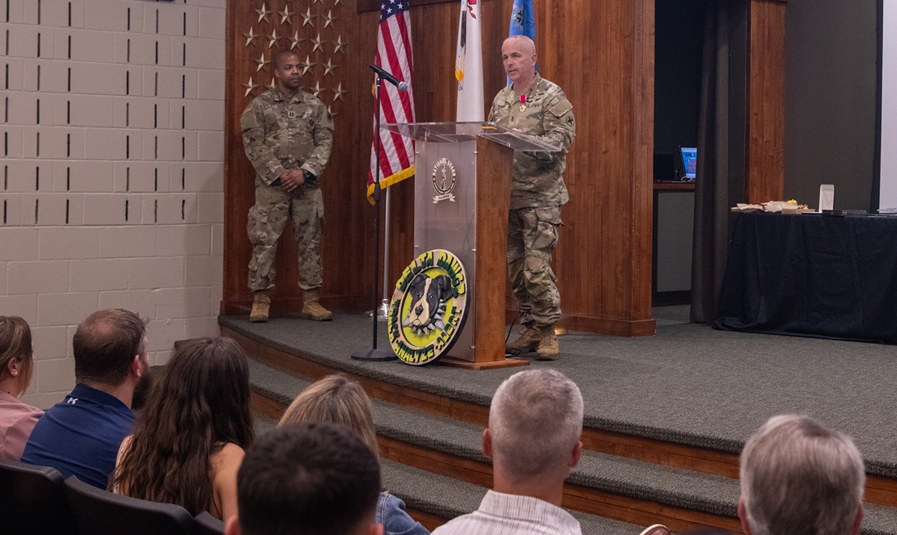 Chief Warrant Officer 4 Brian Berry, Company D, 766th Brigade Engineer Battalion, thanks friends, family, and fellow Illinois National Guard members for their support, mentorship, and leadership during his 38 years of service during a retirement ceremony May 2 at the Illinois Military Academy, Camp Lincoln, Springfield.