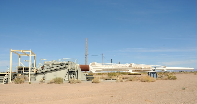 The 16-inch HARP gun on display at Yuma Proving Ground.  The original assembly remains today and is the best remaining example of Project HARP on display.  One of its sister guns in Canada has since been destroyed, and its other sister in Barbados is all but rusted to dust.