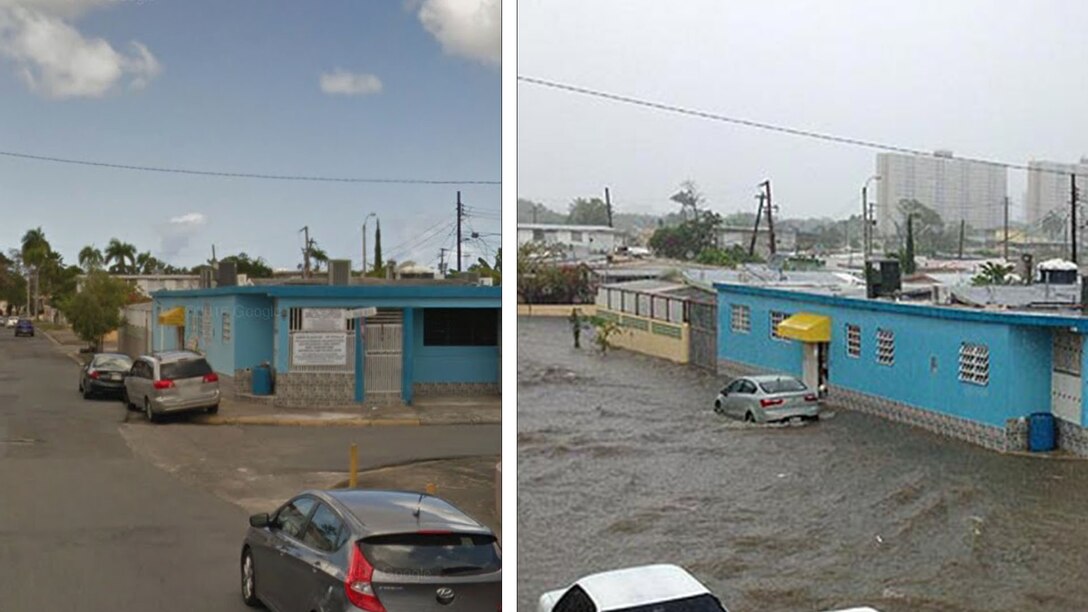 Streetview of before and during a flooding event in a neighborhood. Several feet of water are in the street and against the walls of homes.