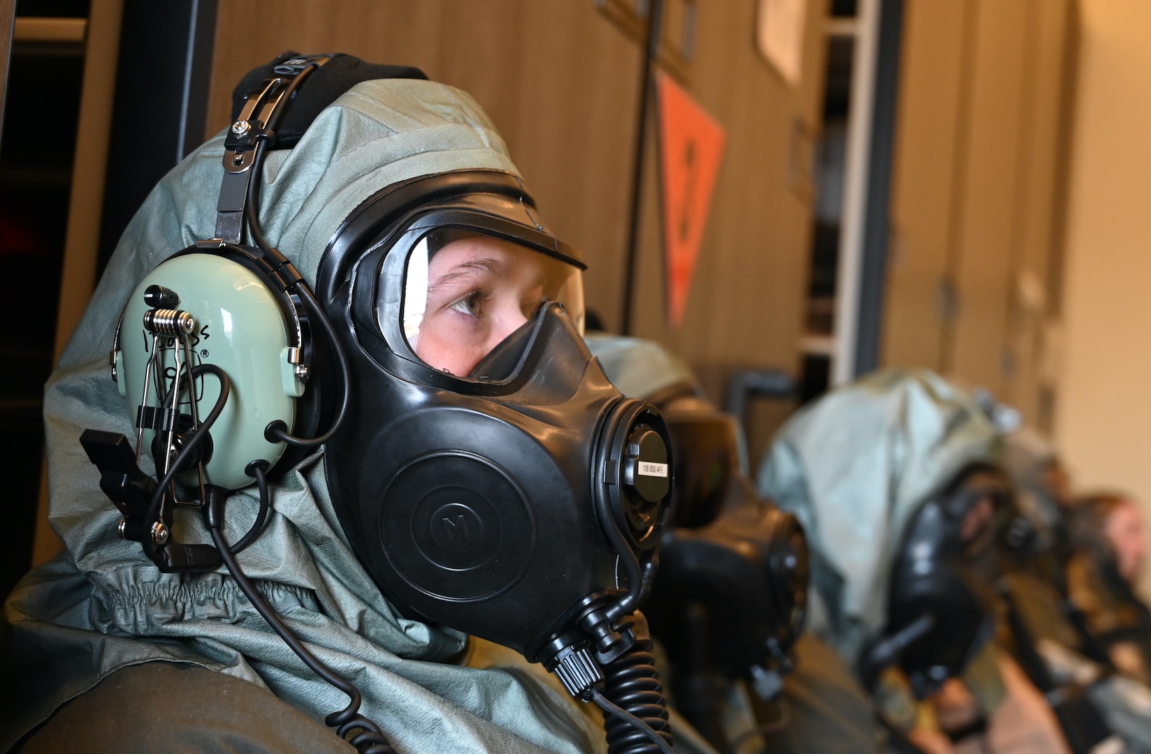 A U.S. Air Force aircrew flight equipment specialist participates in chemical, biological, radiological and nuclear (CBRN) decontamination training during exercise Toxic Peach at the 165th Airlift Wing, Savannah Air National Guard Base, Georgia, April 29, 2025.