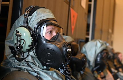 A U.S. Air Force aircrew flight equipment specialist participates in chemical, biological, radiological and nuclear (CBRN) decontamination training during exercise Toxic Peach at the 165th Airlift Wing, Savannah Air National Guard Base, Georgia, April 29, 2025.