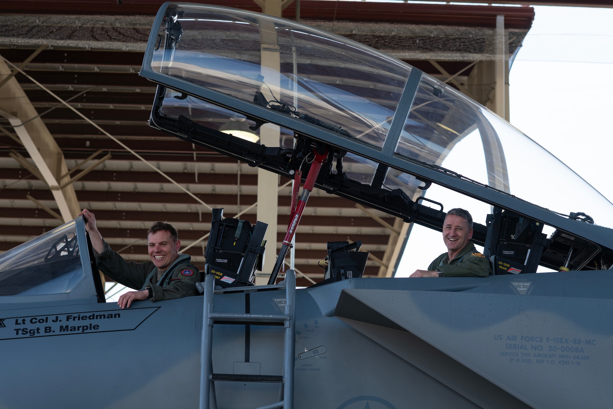 Chief of the National Guard Bureau, Gen. Steven Nordhaus sits in an F-15EX with Lt. Col. Brandon Wigton, a pilot assigned to the 123rd Fighter Squadron, after returning from a flight at Portland Air National Guard Base, Ore., April 30, 2025. During his visit with the 142nd Wing, Nordhaus recognized outstanding Airmen and held a town hall in which he discussed the direction and evolution of the Guard. (U.S. Air National Guard photo by Master Sgt. Steph Sawyer)