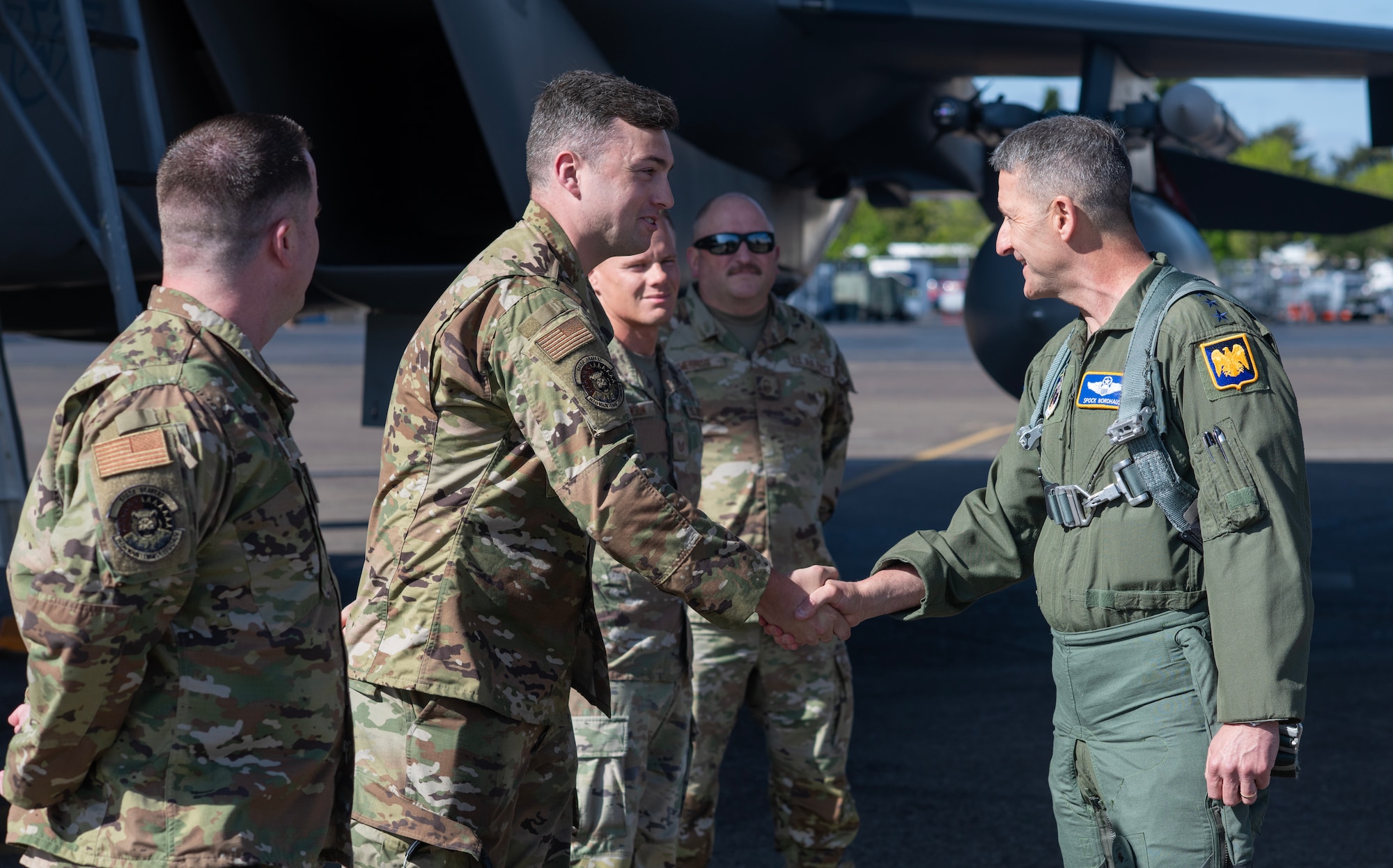 Chief of the National Guard Bureau, Gen. Steven Nordhaus coins outstanding Airmen while visiting the 142nd Wing at Portland Air National Guard Base, Ore., April 30, 2025. During his visit, Nordhaus flew in the back of the wing's F-15EX and held a town hall in which he discussed the direction and evolution of the Guard. (U.S. Air National Guard photo by Master Sgt. Steph Sawyer)