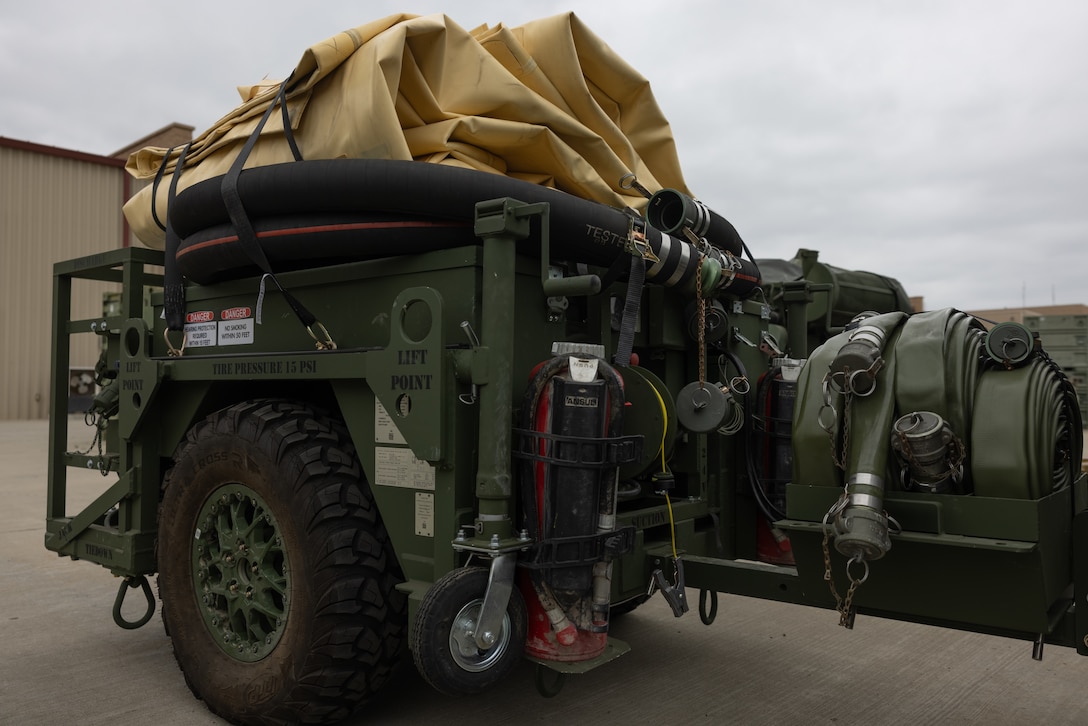 A U.S. Marine Corps Tactical Air-Ground Refueling System is staged during a New Equipment Training evolution at Marine Corps Air Station Miramar, California, April 23, 2025.   The TAGRS, an expeditionary Marine Corps-exclusive asset, is a compact mobile refueling system designed to expand the capabilities of Marine Corps’ Forward Arming and Refueling Points and Expeditionary Advanced Base Operations. TAGRS support refueling operations in forward areas and remote locations. (U.S. Marine Corps photo by Lance Cpl. Samantha Devine)