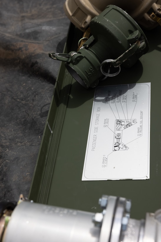 A panel and gear from a U.S. Marine Corps Tactical Air-Ground Refueling System assigned to Marine Wing Support Squadron 372, Marine Air Control Group 38, 3rd Marine Aircraft Wing, is staged during Tactical Air-Ground Refueling System New Equipment Training at Marine Corps Air Station Miramar, California, April 23, 2025. The TAGRS, an expeditionary Marine Corps-exclusive asset, is a compact mobile refueling system designed to expand the capabilities of Marine Corps’ Forward Arming and Refueling Points and Expeditionary Advanced Base Operations. TAGRS support refueling operations in forward areas and remote locations. (U.S. Marine Corps photo by Lance Cpl. Samantha Devine)