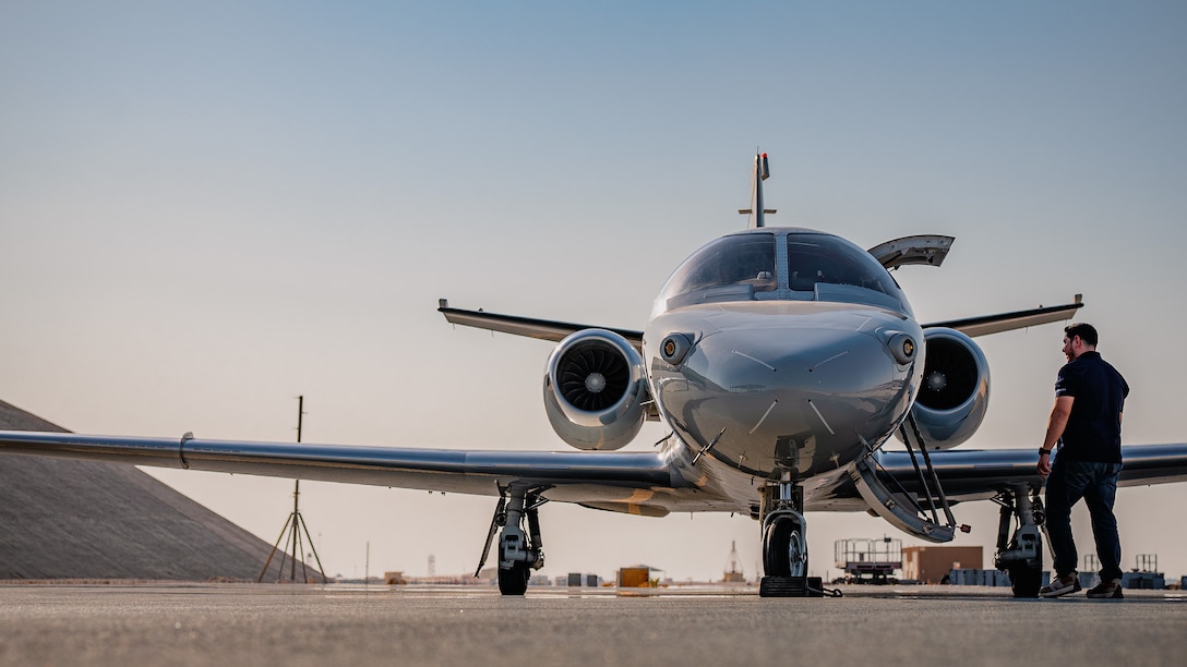 A U.S. Marine Corps UC-35D Citation Encore assigned to the Marine Transport Squadron Detachment (VMR DET) Andrews sits within the U.S. Central Command area of responsibility, Oct. 22, 2024. The UC-35C is a multipurpose, low-wing, business-jet monoplane with a pod-mounted engine on each side, capable of carrying passengers and cargo. Marines with VMR DET Andrews provide air transportation for distinguished visitors and high-ranking military members within the USCENTCOM AOR. (U.S. Air Force photo)
