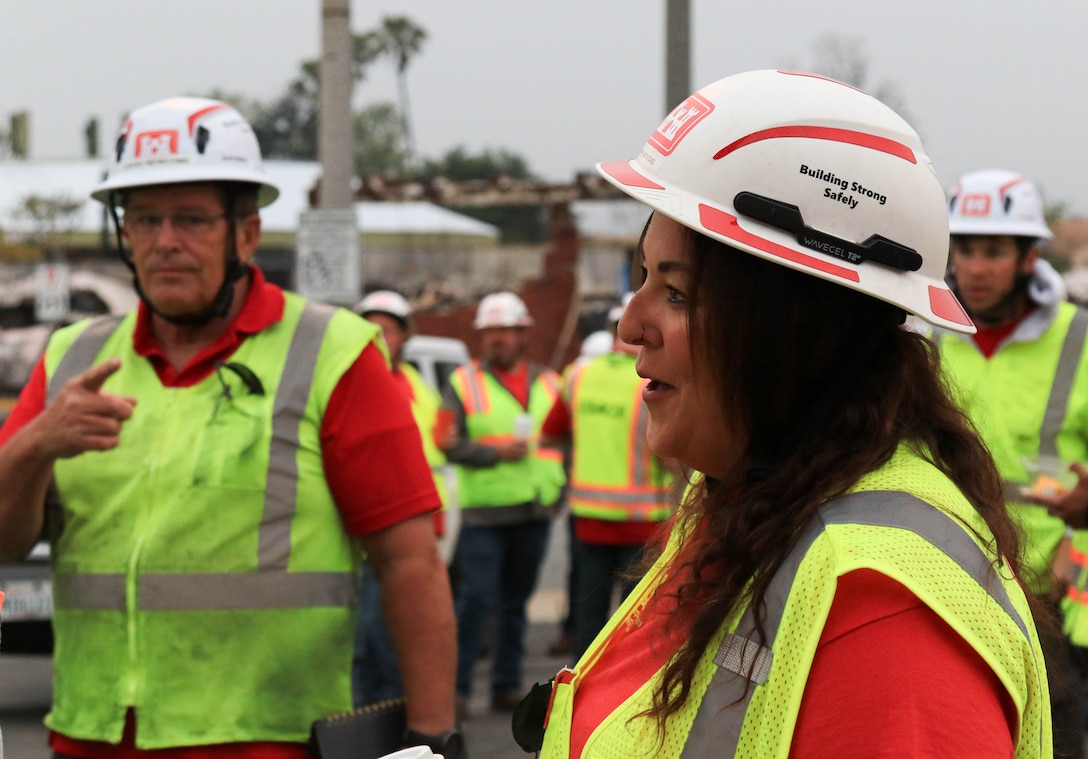 Quality Assurance Supervisor Tiffany Natvidad, Tulsa District employee, and others break into smaller teams to have are specific discussions about potential safety concerns before heading out for the day in Altadena, California, April 15.

USACE is working in partnership with local, state and the Federal Emergency Management Agency in response to the Southern California Wildfires.