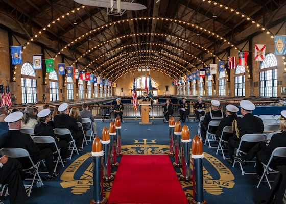 (250411-N-IX644-1083) ANNAPOLIS, Md. Capt. Lydia Doye gives remarks at her retirement ceremony in Dahlgren Hall at the United States Naval Academy, April 11, 2025. Doye served in the Navy for 27 years, building, training, and developing Sailors as a pilot and later as a human resources officer. (U.S. Navy photo by Mass Communication Specialist 2nd Class Sasha Ambrose)