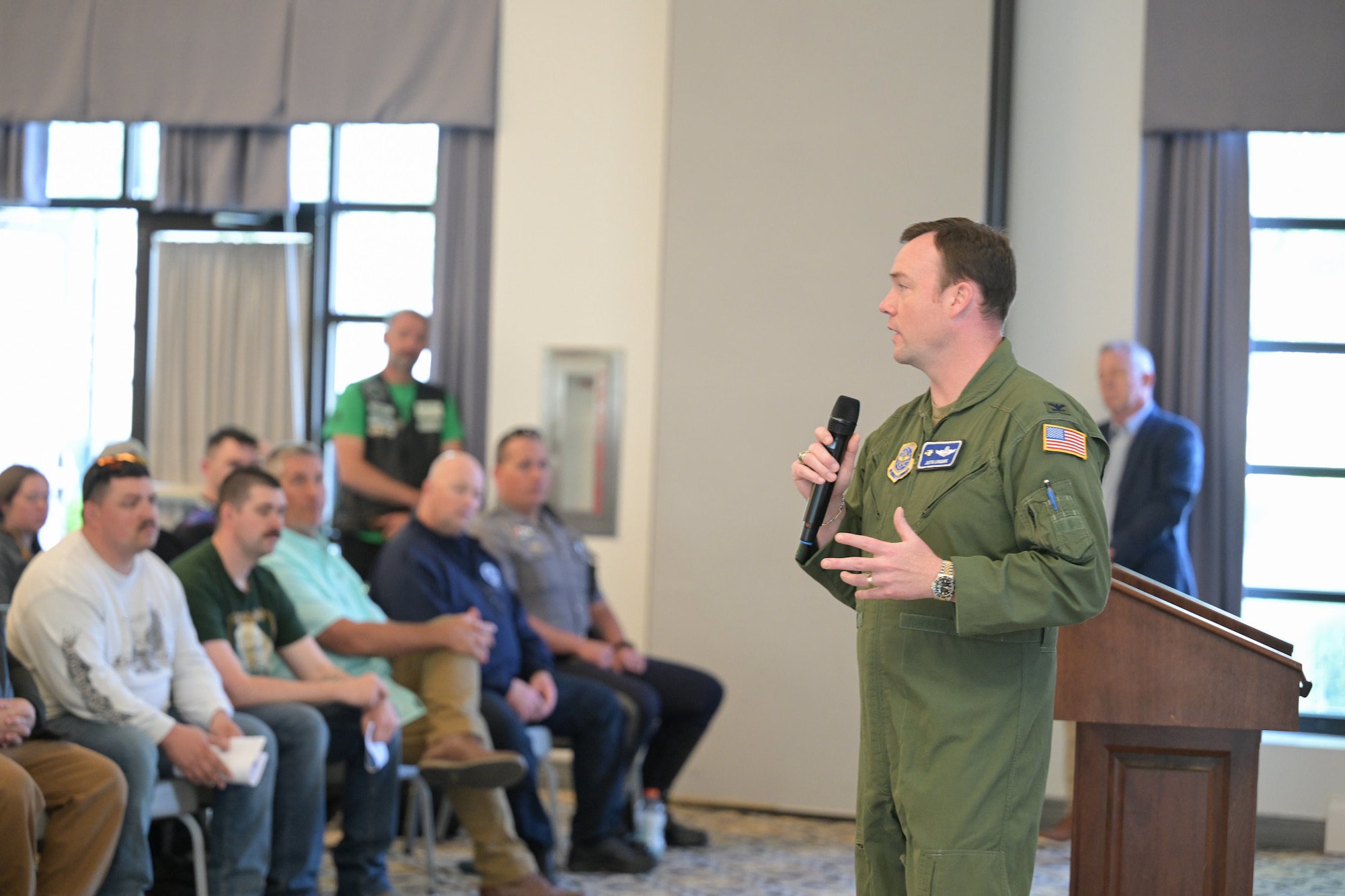 U.S. Air Force Col. Justin Longmire, 436th Airlift Wing deputy commander, gives opening remarks during the annual Motorcycle Safety Day at Dover Air Force Base, Delaware, May 2, 2025. The pre-season Motorcycle Safety briefing included guest speakers from Delaware Department of Motor Vehicles, Delaware State Police, City of Dover Motorcycle Patrol Unit, and the Dover AFB Green Knights Chapter 49 organization. (U.S. Air Force photo by Mauricio Campino)