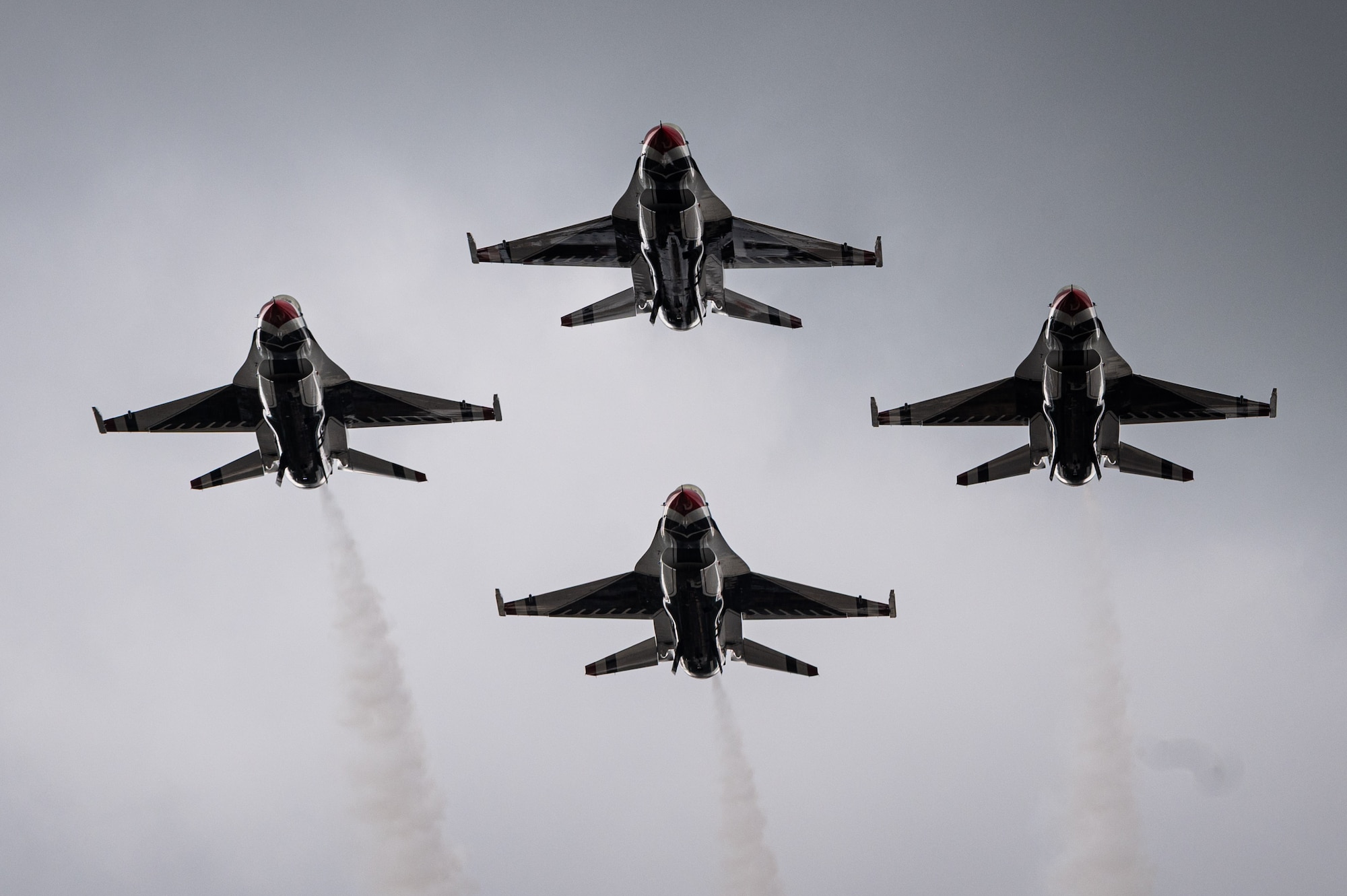 The U.S. Air Force Thunderbirds perform a maneuver during Wings Over Wayne Open House 2025 at Seymour Johnson Air Force Base, North Carolina, May 4, 2025. The maneuver highlighted the discipline, coordination and teamwork essential to Air Force operations. (U.S. Air Force photo by Airman Holly Leonard)