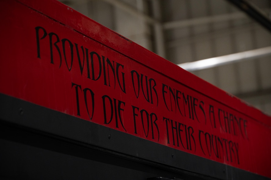 A phrase is displayed on a tool cart used by the 23rd Bomber Generation Squadron during the 1st Quarter Weapons Load Competition at Minot Air Force Base, May 2, 2025. This competition allowed Airmen to show how efficiently and safely they could load inert GBU-31 Joint Direct Attack Munitions onto a B-52H Stratofortress in a high-stress environment. (U.S. Air Force photo by Senior Airman Alyssa Bankston)