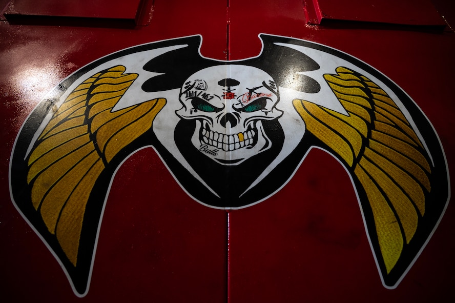 A design is displayed on a tool cart used by the 23rd Bomber Generation Squadron during the 1st Quarter Weapons Load Competition at Minot Air Force Base, May 2, 2025. This competition allowed Airmen to show how efficiently and safely they could load inert GBU-31 Joint Direct Attack Munitions onto a B-52H Stratofortress in a high-stress environment. (U.S. Air Force photo by Senior Airman Alyssa Bankston)