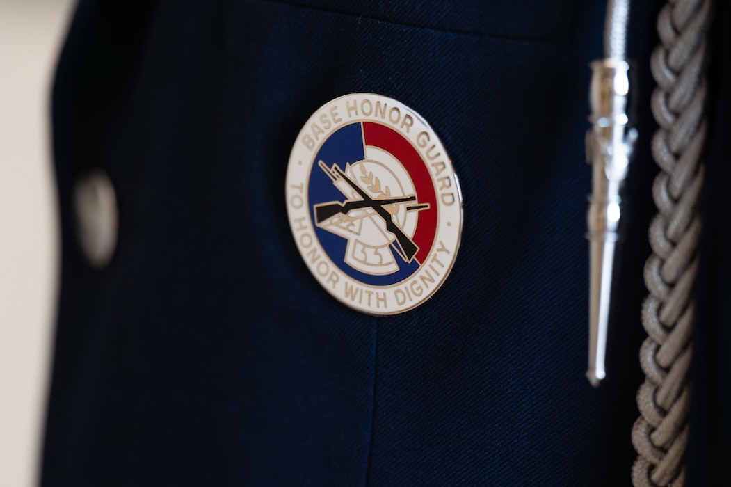 The Base Honor Guard badge displayed on Ceremonial Blues during the Base Honor Guard class 25-Alpha graduation ceremony at the Powell Event Center, Goodfellow Air Force Base, Texas, May 2, 2025.  It is the mission of Goodfellow’s Base Honor Guard to uphold the 17th TRW’s Congressional Military Funeral Program across 28 counties of West Texas. (U.S. Air Force photo by Airman 1st Class Brian Lummus)
