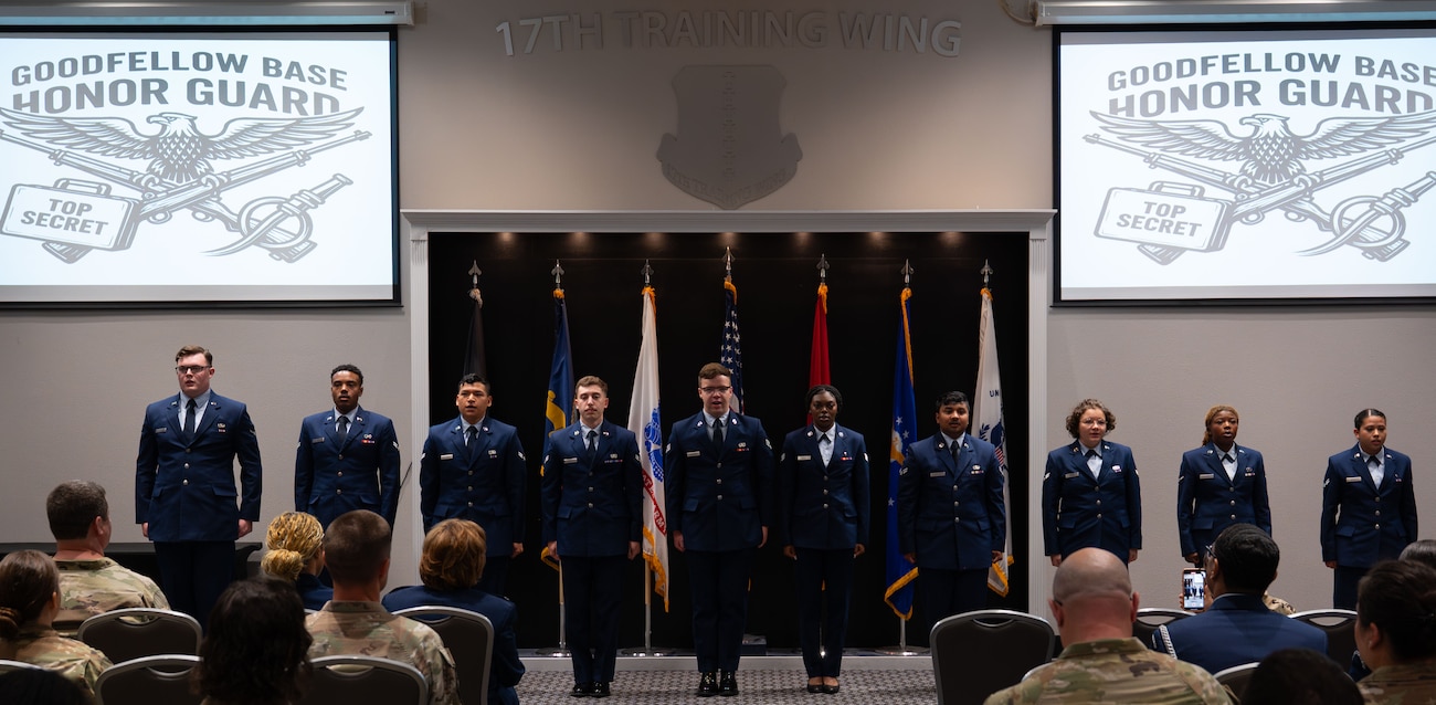 Goodfellow Base Honor Guard graduates recite the Honor Guard Charge during the Goodfellow Base Honor Guard class 25-Alpha graduation ceremony at the Powell Event Center, Goodfellow Air Force Base, Texas, May 2, 2025. The Honor Guard Charge is a sacred creed that all ceremonial guardsmen are required to learn, memorize and recite verbatim to epitomize the pride and ethos of their profession. (U.S. Air Force photo by Airman 1st Class Brian Lummus)