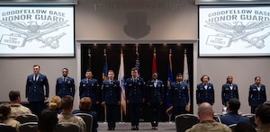 Goodfellow Base Honor Guard graduates recite the Honor Guard Charge during the Goodfellow Base Honor Guard class 25-Alpha graduation ceremony at the Powell Event Center, Goodfellow Air Force Base, Texas, May 2, 2025. The Honor Guard Charge is a sacred creed that all ceremonial guardsmen are required to learn, memorize and recite verbatim to epitomize the pride and ethos of their profession. (U.S. Air Force photo by Airman 1st Class Brian Lummus)