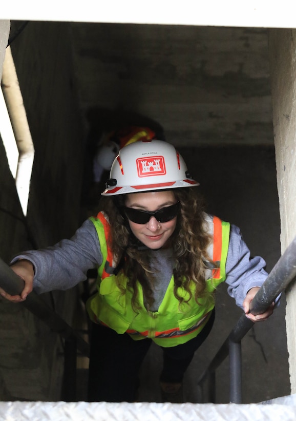 U.S. Army Corps of Engineers civil engineer (structural) Kayla Stull descends the stairs from the tower at the Eliot Arts Magnet Academy in Altadena, California. The school was heavily damaged in the January 2025 Southern California wildfires, April 15.

USACE is working in partnership with local, state and the Federal Emergency Management Agency in response to the Southern California Wildfires.