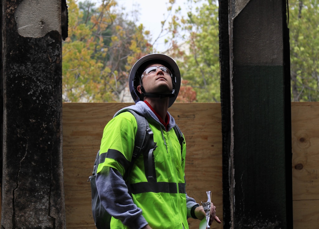 Civil engineer (structural) Ian Buchanan performs a visual inspection of higherup walls inside the Eliot Arts Magnet Academy in Altadena, California. The Southern California wildfires of January 2025 left much of the school heavily damaged. His inspections will help the efforts by local residents to preserve the tower, April 15.

USACE is working in partnership with local, state and the Federal Emergency Management Agency in response to the Southern California Wildfires.