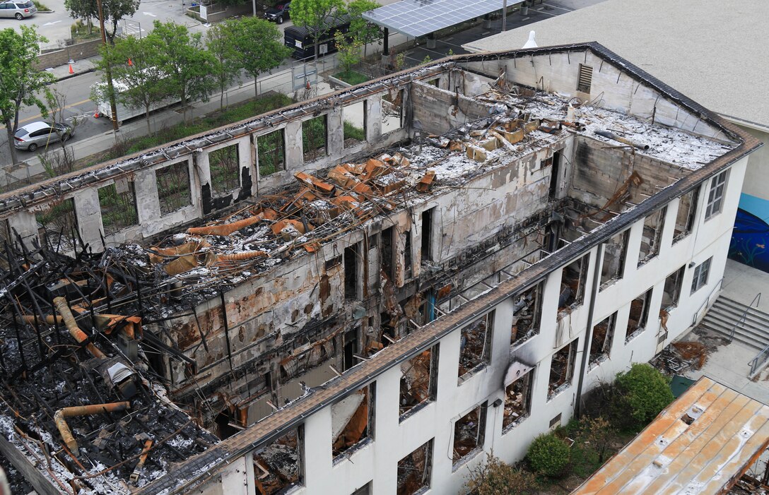 The heavily fire damaged auditorium at the Eliot Arts Magnet Academy in Altadena, California awaits final decisions about the debris removal and structural integrity of the structure following the Southern California wildfires of January 2025, April 15.

USACE is working in partnership with local, state and the Federal Emergency Management Agency in response to the Southern California Wildfires.