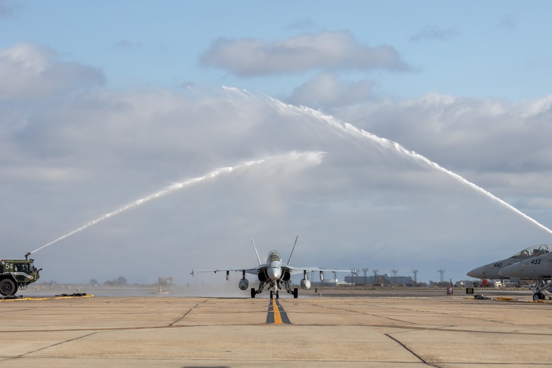 U.S. Marine Corps Brig. Gen. Daniel B. Taylor, the assistant wing commander of 3rd Marine Aircraft Wing, taxis an F/A-18D Hornet assigned to Marine Fighter Attack Squadron (VMFA) 323, Marine Aircraft Group 11, 3rd MAW, following his final flight at Marine Corps Air Station Miramar, California, May 1, 2025