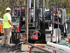 A Navy Closure Task Force-Red Hill (NCTF-RH) contractor operates a soil coring drill rig during a groundwater monitoring well installation at the Red Hill Bulk Fuel Storage Facility (RHBFSF) in Honolulu, April 24, 2025. The Navy’s expansive well network in and around Red Hill provides valuable geologic and groundwater flow data in order to guide future monitoring and modeling efforts at RHBFSF. Charged with the safe decommissioning of the RHBFSF, NCTF-RH was established by the Department of the Navy as a commitment to the community and the environment. NCTF-RH continues to engage with the people of Hawaii, regulatory agencies, and other stakeholders as it safely and deliberately decommissions the facility. (U.S. Navy photo by Mass Communication Specialist 1st Class Glenn Slaughter)