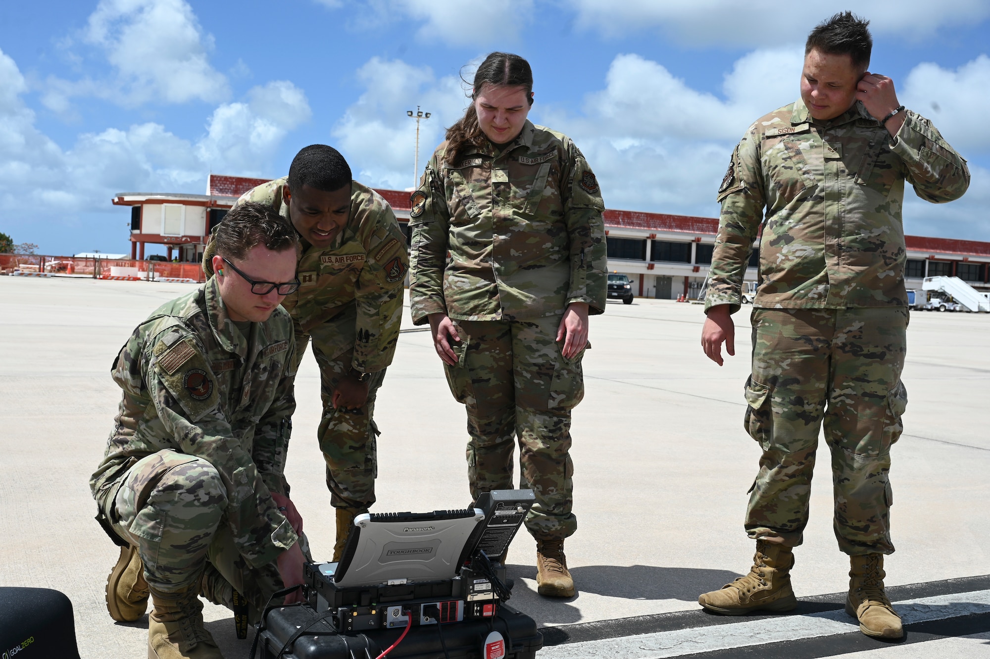 U.S. Air Force Airmen assigned to the 36th Wing conduct an intel equipment test at Saipan International Airport.