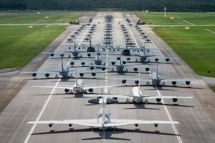 U.S. Air Force, Navy and Army assets line the runway for an elephant walk.