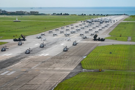 U.S. Air Force, Navy and Army assets line the runway for an elephant walk.