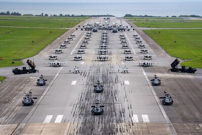 U.S. Air Force, Navy and Army assets line the runway for an elephant walk.