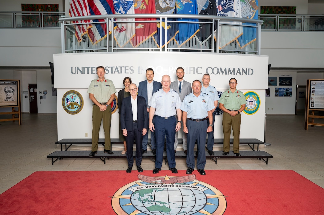 U.S. Air Force Maj. Gen. Joel Carey, front center, chief of staff of U.S. Indo-Pacific Command joins New Zealand Secretary of Defence Brook Barrington, front left, and Chief of Defence Force Air Marshal Tony Davies, front right, for a group photo at USINDOPACOM headquarters on Camp H. M. Smith in Honolulu, May 5, 2025.