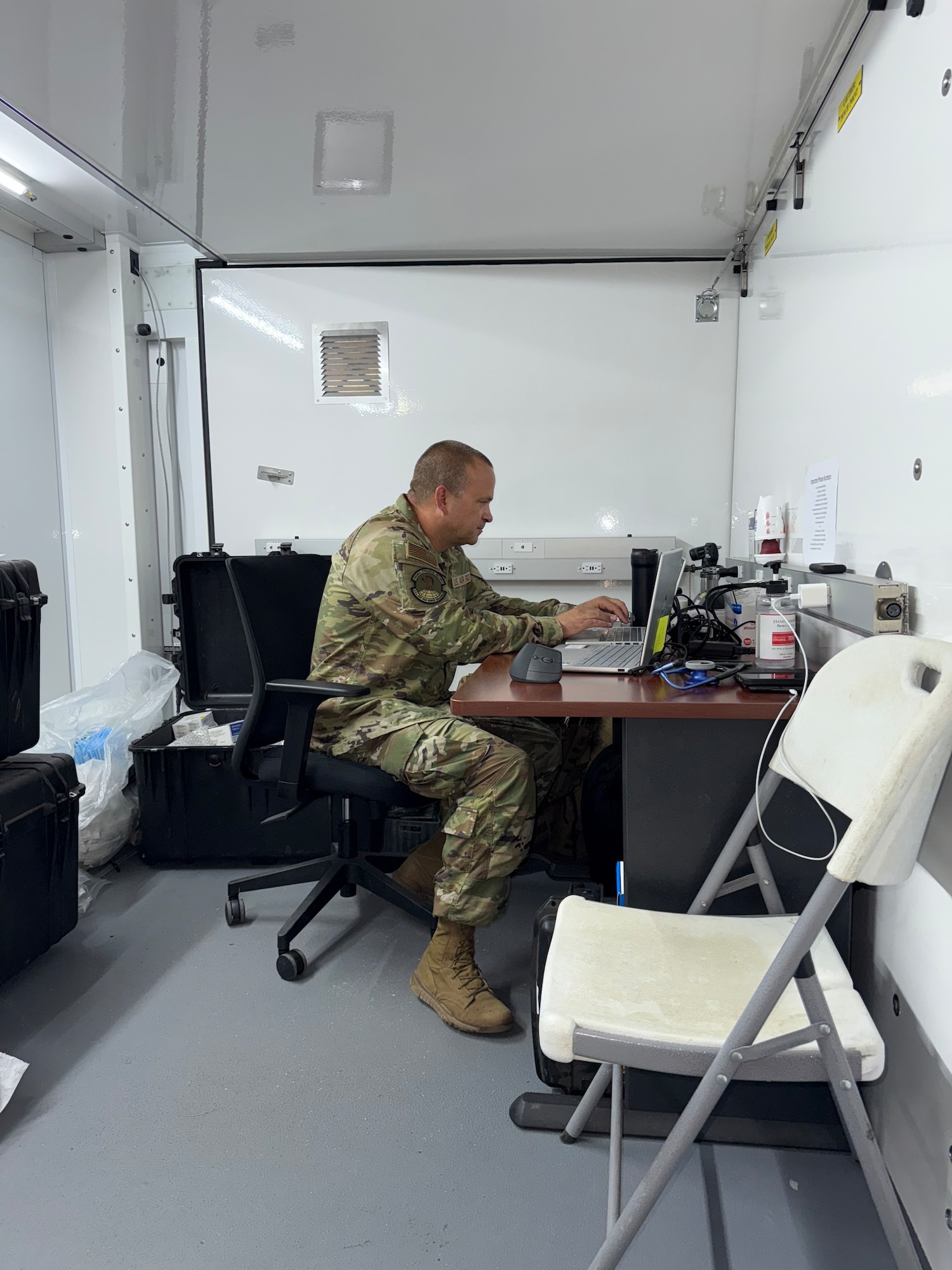 Medical equipment capable of treating potential traumatic injuries remains organized and ready inside a stand-up medical emergency clinic at Tinian North Field, Tinian, April 23, 2025. The presence of an onsite clinic with such capabilities is crucial to the Airmen in the 513th Rapid Engineer Deployable Heavy Operations Repair Squadron Engineers Squadron currently forward deployed in Tinian.