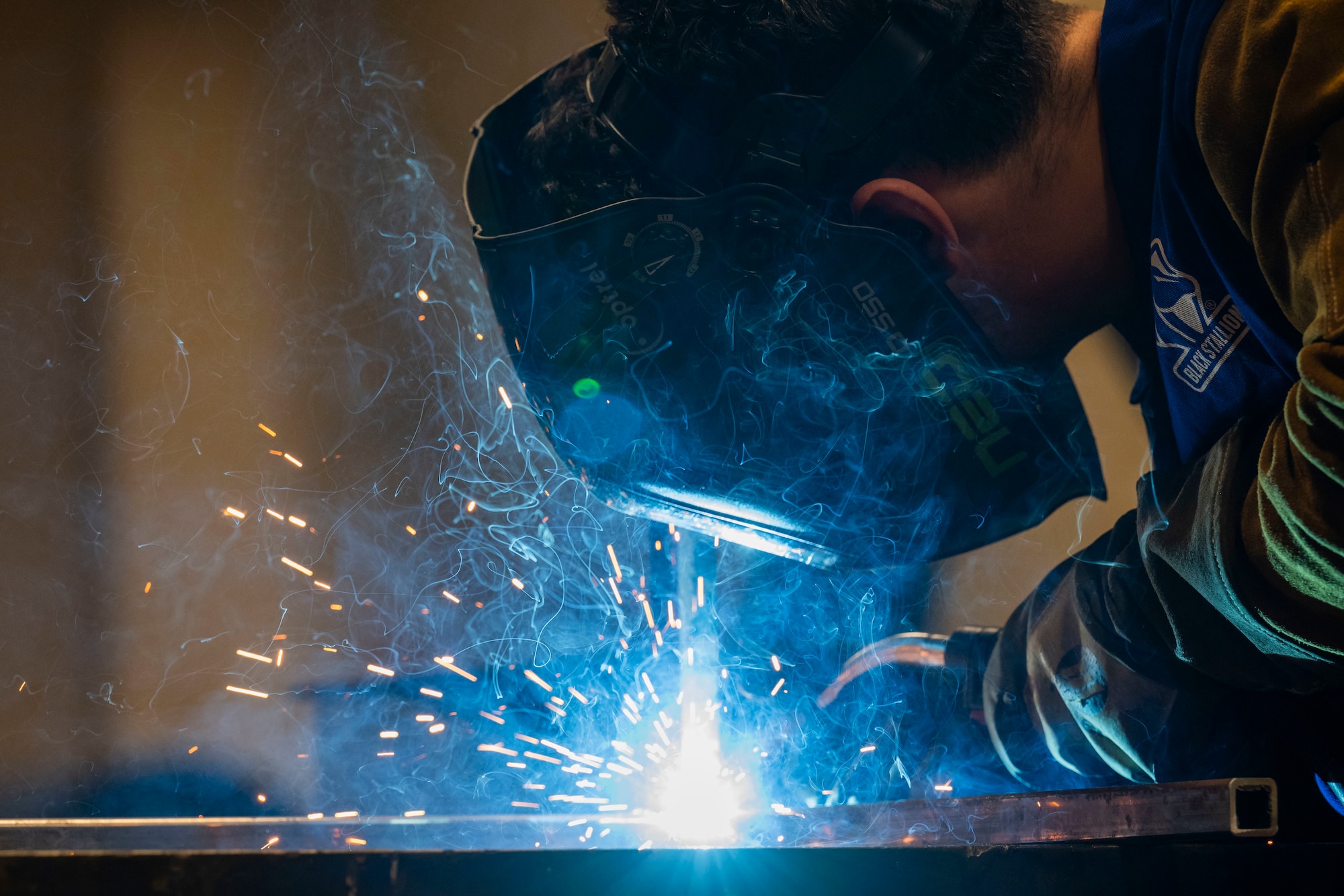 U.S. Air Force Senior Airman Jared Villalta, 35th Maintenance Squadron aircraft metals technology specialist, welds components.