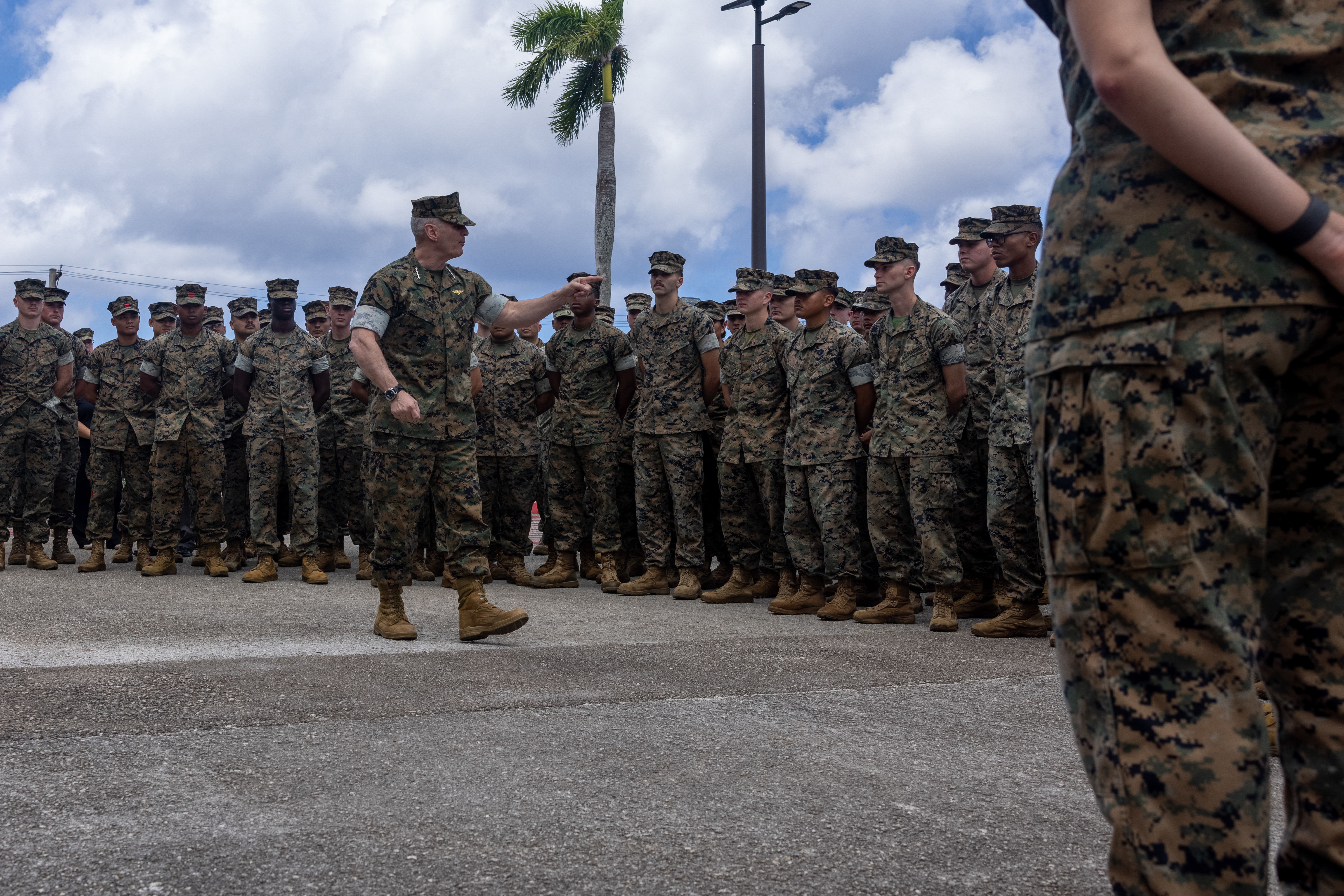 The 37th Assistant Commandant of the Marine Corps, Gen. Christopher J. Mahoney, speaks to the Marines and Sailors of Marine Corps Base Camp Blaz, at MCB Camp Blaz, Guam, April 21, 2025.  His visit included engagements with local leaders and a review of construction progress and force positioning on the island. (U.S. Marine Corps photo by Cpl. Ryan Little)