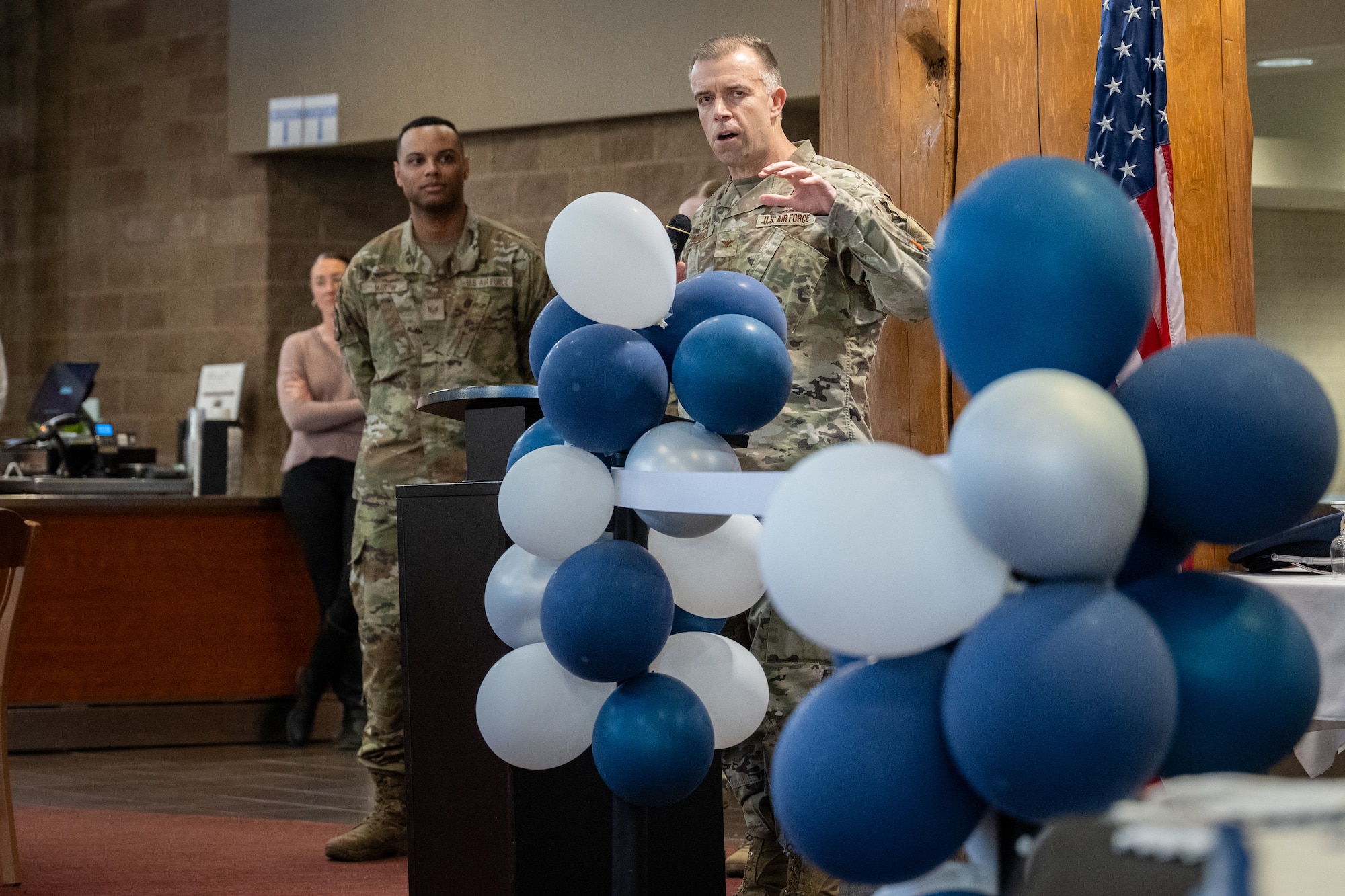 U.S. Air Force Col. Dustin Hansen, 673d Mission Support Group commander, speaks about the recent Iditarod Dining Facility renovation project at Joint Base Elmendorf-Richardson, Alaska, May 5.