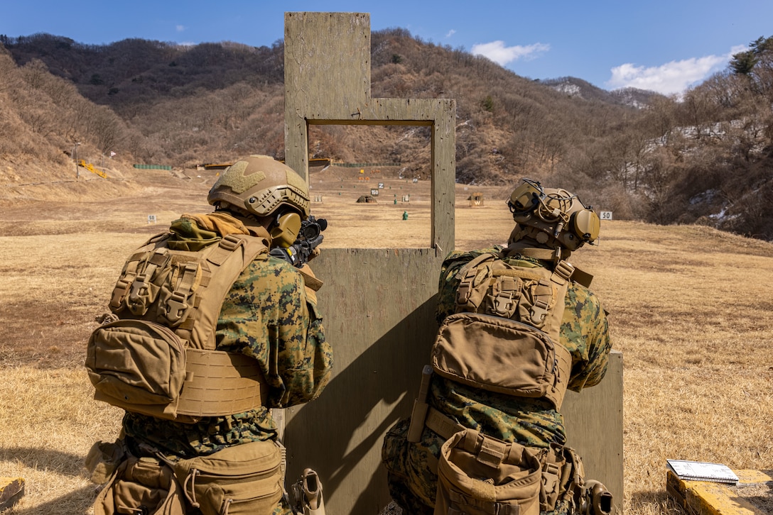 U.S. Marines with 3d Reconnaissance Battalion, 3d Marine Division fire their M27 Infantry Automatic Rifles during the Korean Marine Exercise Program 25.1 at Camp Casey, South Korea, March 6, 2025. KMEP is a semi-annual exercise that provides iterative opportunities for Republic of Korea Marine Corps and U.S. Marine Corps units to train together, improving their combined capabilities to deter threats and maintain peace on the Korean Peninsula. (U.S. Marine Corps photo by Lance Cpl. Kendrick Jackson)