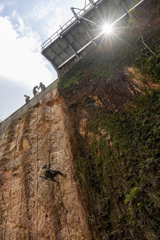 A U.S. Marine rappels down a wall during a Basic Jungle Skills Course at the Jungle Warfare Training Center on Camp Gonsalves, Okinawa, Japan, March 19, 2025. The week-long Basic Jungle Skills Course trains Marines to navigate, survive, and fight in austere jungle environments, improving their confidence and capability to operate effectively in dense terrain. The Marine is with 12th Littoral Combat Team, 12th Marine Littoral Regiment, 3d Marine Division. (U.S. Marine Corps photo by Staff Sgt. JVonnta Taylor)