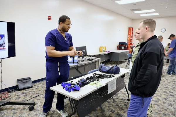 Hospital nurses and corpsmen assigned to Navy Medicine Readiness and Training Command (NMRTC) Twentynine Palms participate in hands-on training during the Annual Nursing and Corpsmen Skills Fair, held April 29–30. The two-day event focused on sharpening essential medical skills such as blood administration, high-level disinfection, suicide screening, and medication delivery using newly upgraded Alaris infusion pumps. Designed in response to regulatory standards and command-wide data trends, the fair emphasized readiness, patient safety, and teamwork through simulation-based learning and collaborative training sessions. The training ensures that Navy medical personnel remain highly skilled, adaptable, and prepared to deliver high-quality care in both military treatment facilities and deployed environments (U.S. Navy photo by Christopher C. Jones, NHTP/NMRTC Twentynine Palms public affairs officer).