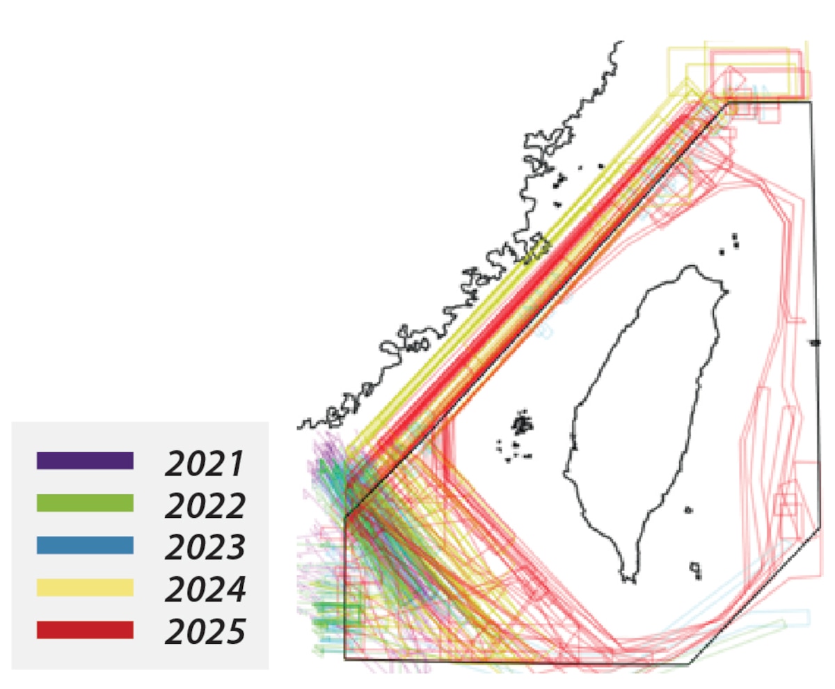 Figure 3. Map overlay of PLA aircraft flight paths around Taiwan in January since 2021. (Source: Author’s compilation from Taiwan’s MND data.)
