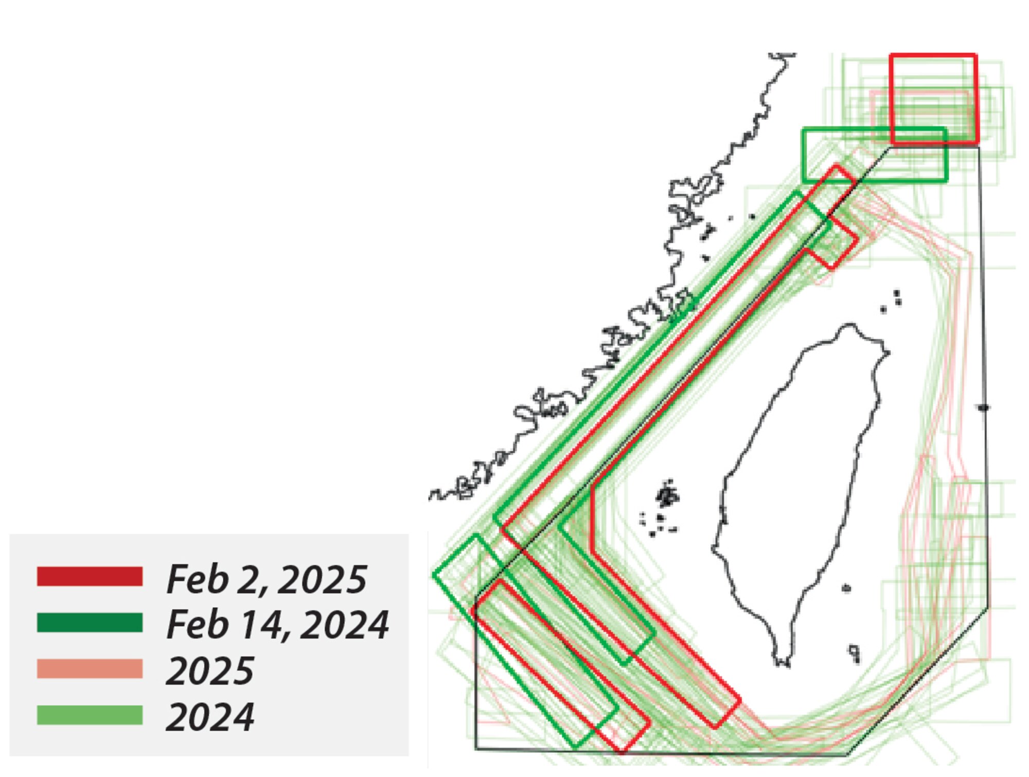 Figure 7. Map overlay of PLA aircraft flight paths around taiwan during joint combat readiness patrols. (Source: Author’s compilation from Taiwan’s MND data.)