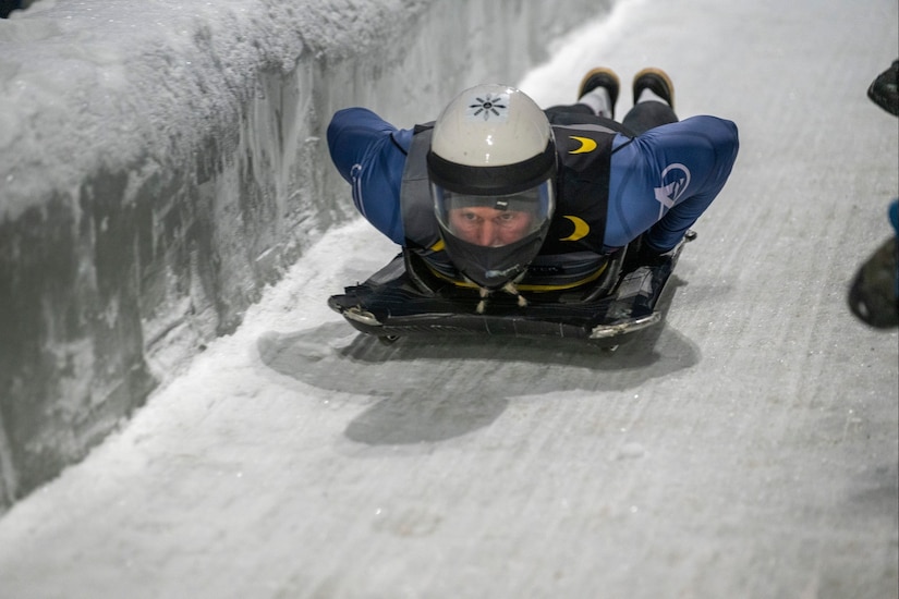 Steven Bortle, a U.S. Army veteran and competitor for Team U.S., completes a skeleton run in the 2025 Invictus Games in Whistler, Canada, Feb. 11, 2025