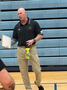 Coach Steve Bortle answers questions at a morning session before a track work out with Soldier athletes at the 2025 Army Trials.