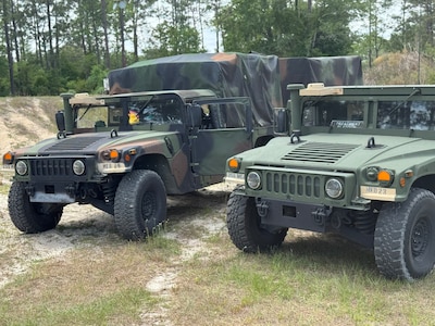 Soldiers with the Florida National Guard's 256th Medical Company Area Support stage equipment in preparation for Operation Mustang in Gainesville, Fla., May 1, 2025.