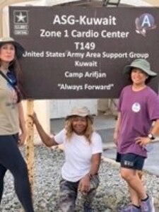 Lt. Col. Sherri Sanders, Lt. Col. Young, and Col. Joyce Toriano in Kuwait after their daily 4 am workout while on deployment
