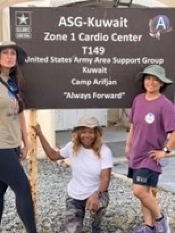 Lt. Col. Sherri Sanders, Lt. Col. Young, and Col. Joyce Toriano in Kuwait after their daily 4 am workout while on deployment
