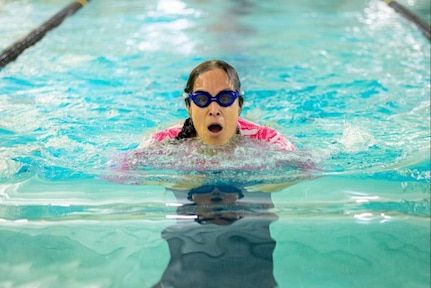 U.S. Army Lt. Col. Sherri Sanders swims breaststroke during the swimming competition at the 2025 Army Trials.