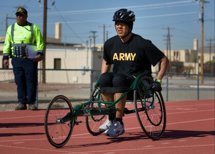 U.S. Army Sgt. 1st Class David Hong prepares for the 100-meter wheelchair race during the track competition at the 2025 Army Trials, Fort Bliss, Texas.