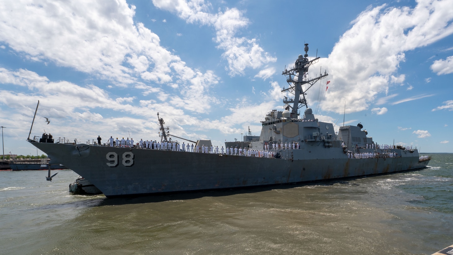 The Arleigh Burke-class guided missile destroyer USS Forrest Sherman (DDG 98) departs Naval Station Norfolk for a scheduled deployment. The USS Forrest Sherman (DDG 98) departed Norfolk as part of the Gerald R. Ford Carrier Strike Group (GRFCSG) for a scheduled deployment to the U.S. 5th Fleet area of operations.