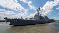 The Arleigh Burke-class guided missile destroyer USS Forrest Sherman (DDG 98) departs Naval Station Norfolk for a scheduled deployment. The USS Forrest Sherman (DDG 98) departed Norfolk as part of the Gerald R. Ford Carrier Strike Group (GRFCSG) for a scheduled deployment to the U.S. 5th Fleet area of operations.