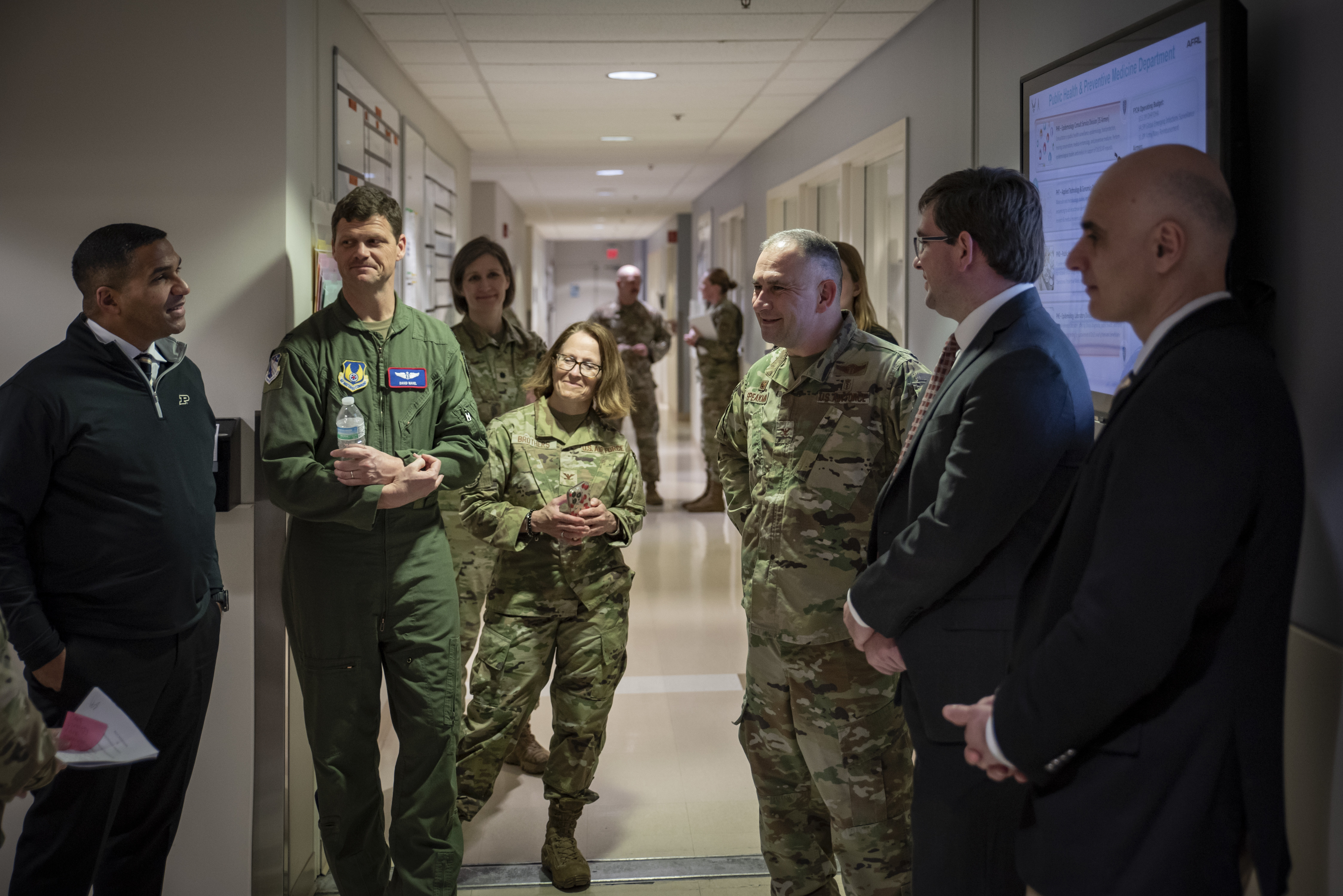 Leaders from U.S. Air Force School of Aerospace Medicine, or USAFSAM, and Purdue University tour the Epidemiology Laboratory at Wright-Patterson Air Force Base, Ohio, March 11, 2025. USAFSAM hosted Purdue leaders in honor of a new partnership that expands educational opportunities for Airmen and Guardians. (U.S. Air Force photo / Richard Eldridge)